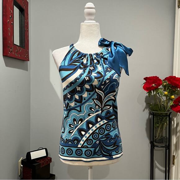NEW Ann Taylor Silk Multicolor Geometric Floral Bow Tie Career Layering Top XS - Picture 6 of 16